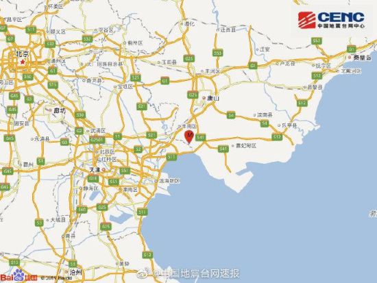 唐山丰南区位置图 中国地震台网官微截图