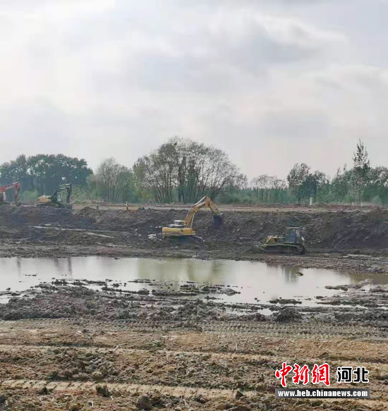 挖掘机、推土机正筹,在清理孝义河河道淤泥，平整堤坝。 高阳县水利局供图