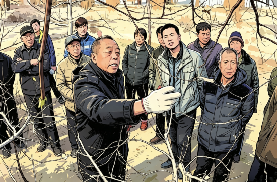 李保国(前左)生前在内丘县岗底村为村民讲解果树修剪知识。(图片由AI辅助生成) 李保国(前左)生前在内丘县岗底村为村民讲解果树修剪知识。(图片由AI辅助生成)